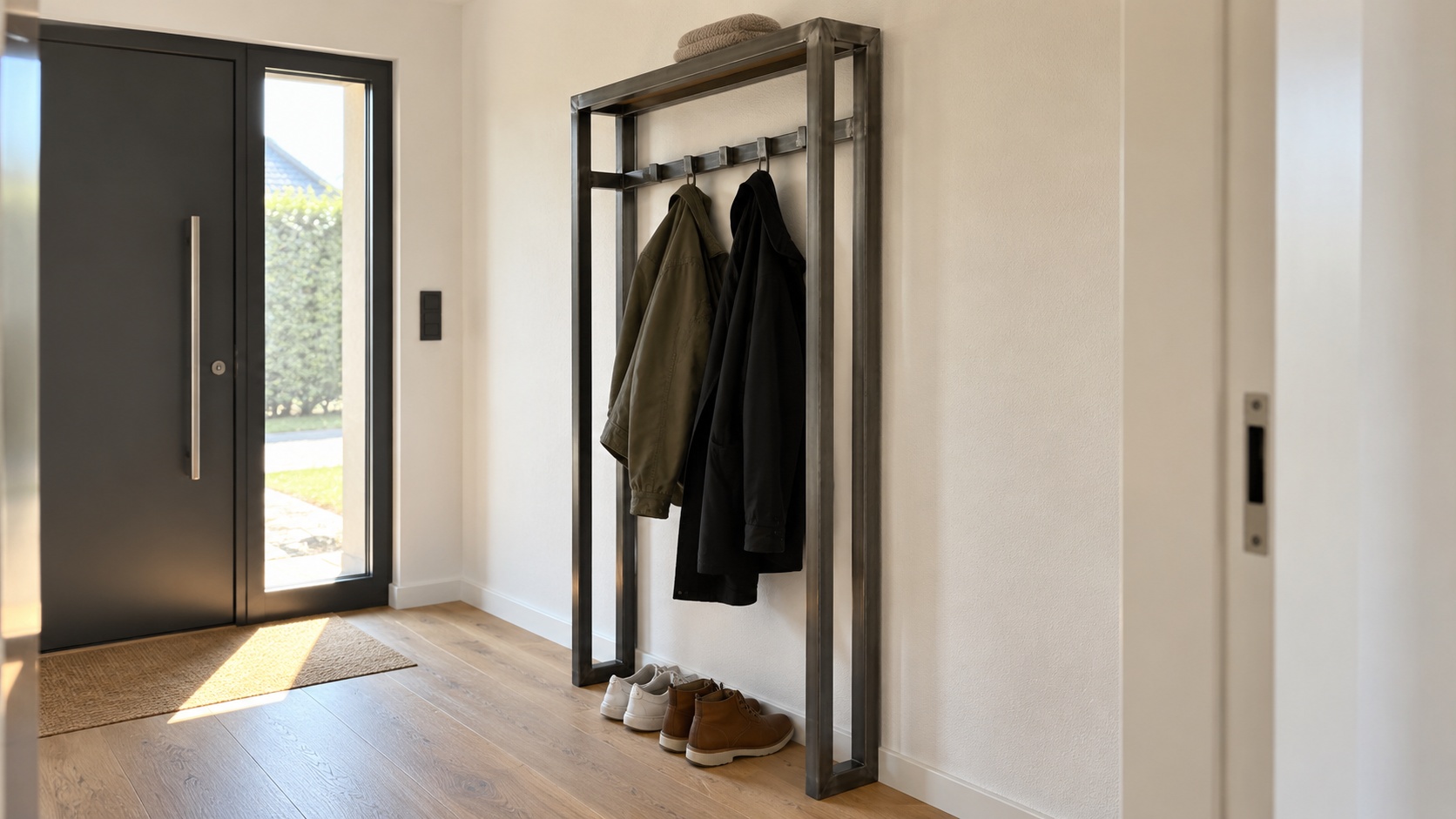 Eine schmale Garderobe aus Stahl-Quadratrohr mit Jacken und Schuhen steht neben einer schwarzen Haustür.