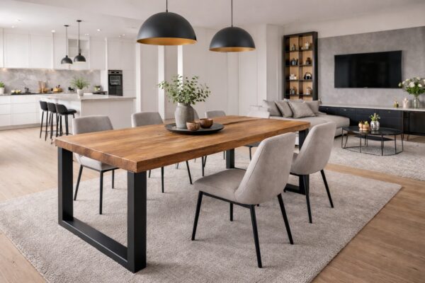 Massivholztisch mit Stahl-Quadratrohrgestell in offenem Wohnraum.