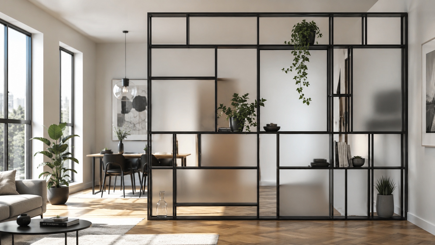 Ein Raumteiler aus quadratischem Stahl und Glas trennt einen offenen Wohnbereich.