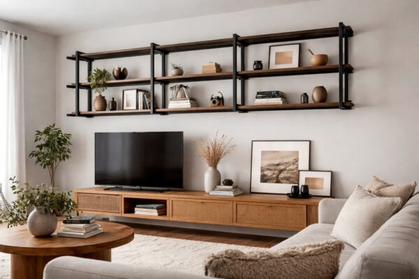 Wohnzimmer mit schlankem Wandregal aus Stahl-Quadratrohr.