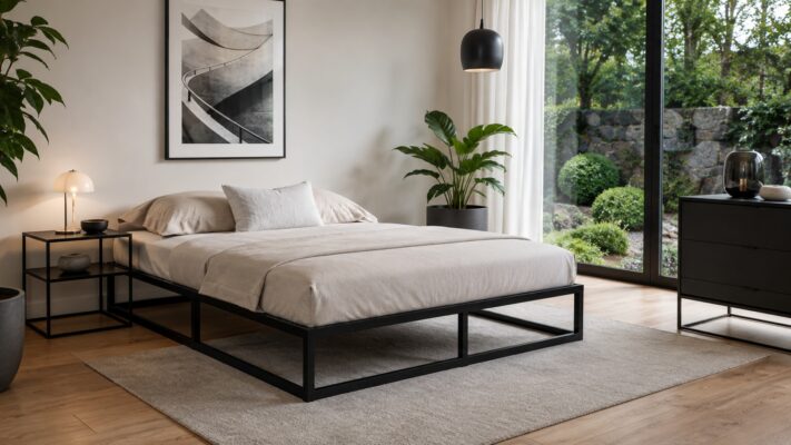 Schwarzes Quadratrohr-Bettgestell im hellen Schlafzimmer mit Teppich, Pflanzen und großer Glasfront.
