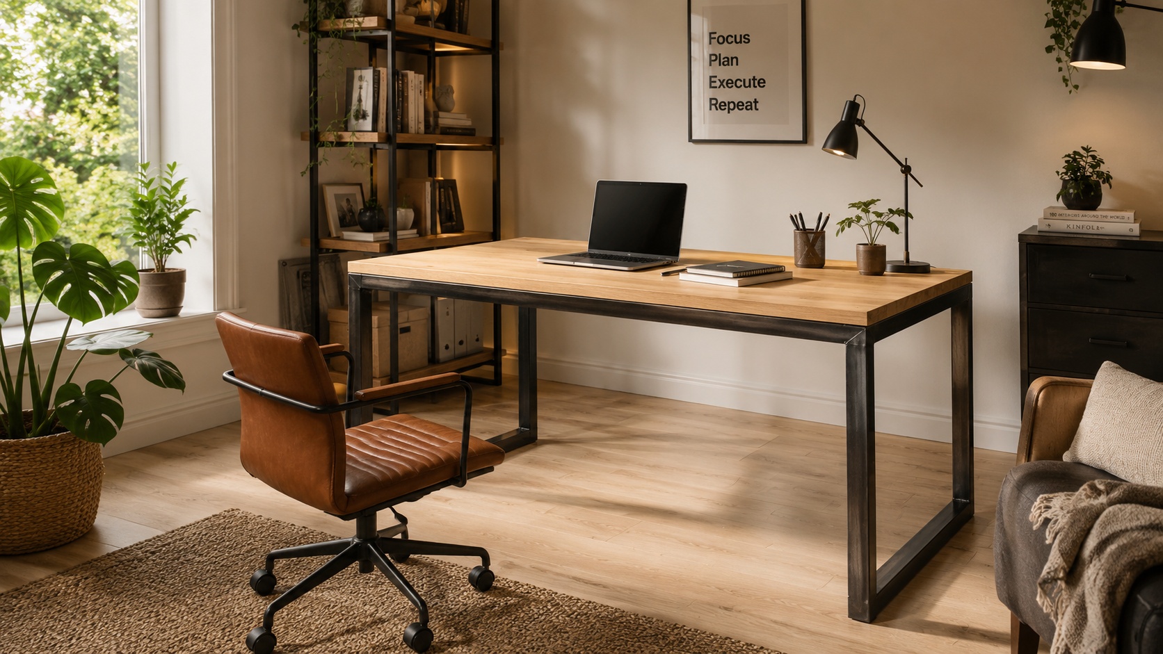 Ein Schreibtisch aus Holz und quadratischen Stahlgestell steht in einem modernen Homeoffice.