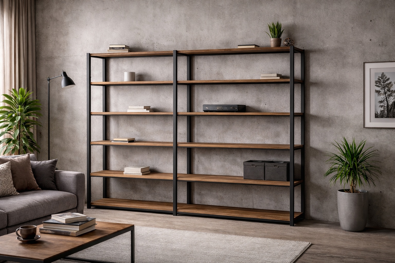 Urbaner Wohnraum mit offenem Regal aus Stahl-Quadratrohr.