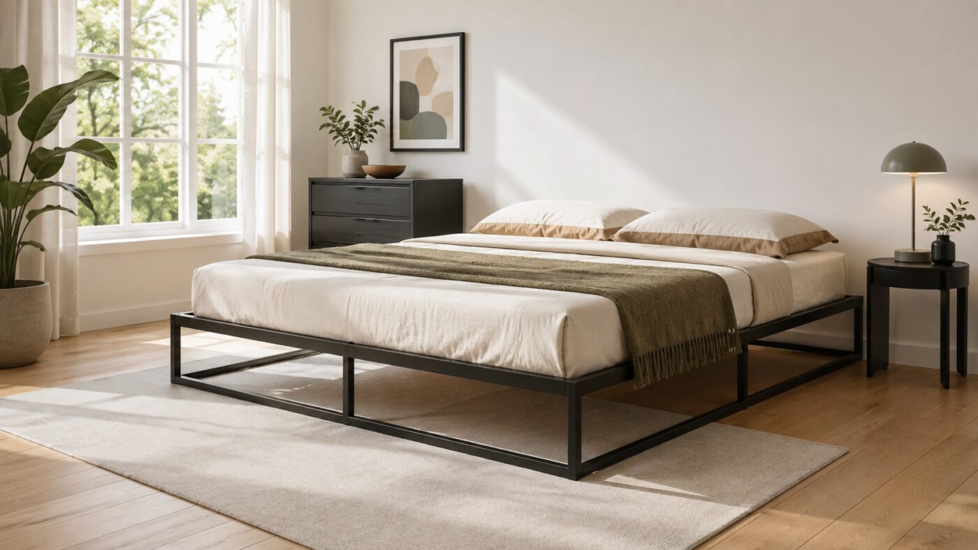 Schwarzes Quadratrohr-Bettgestell in hellem Schlafzimmer mit Teppich, Pflanzen, Kommode und großem Fenster.