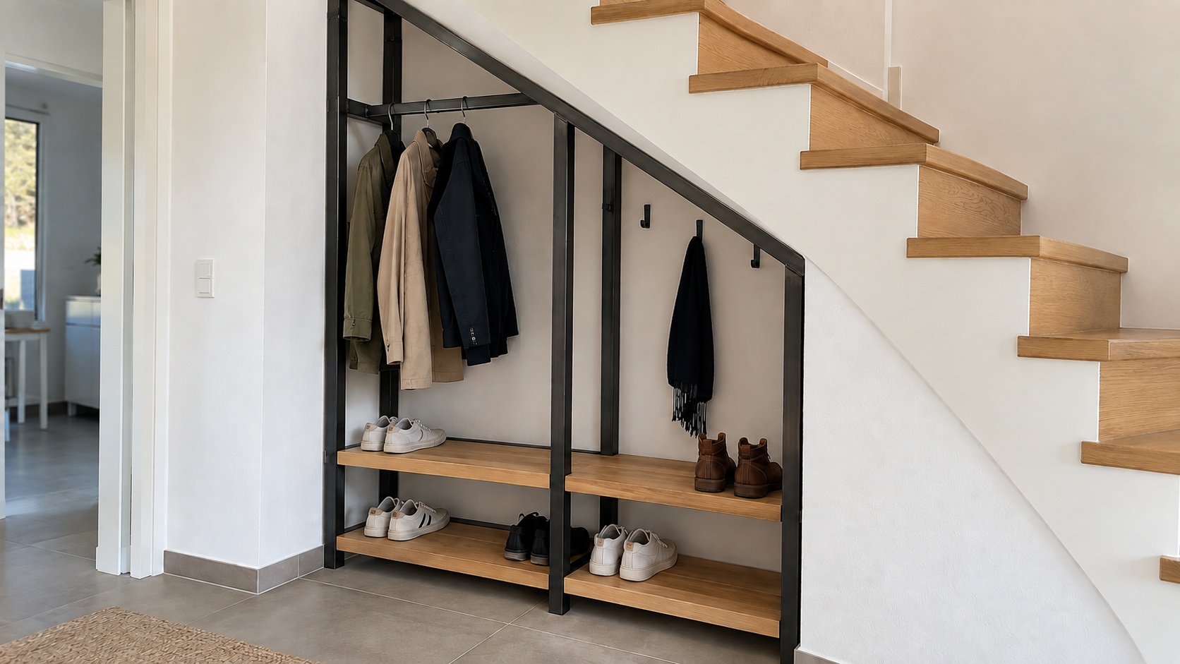 Eine Garderobe aus schwarzem Stahl-Quadratrohr mit Holzbänken, Jacken und Schuhen steht unter einer Holztreppe.