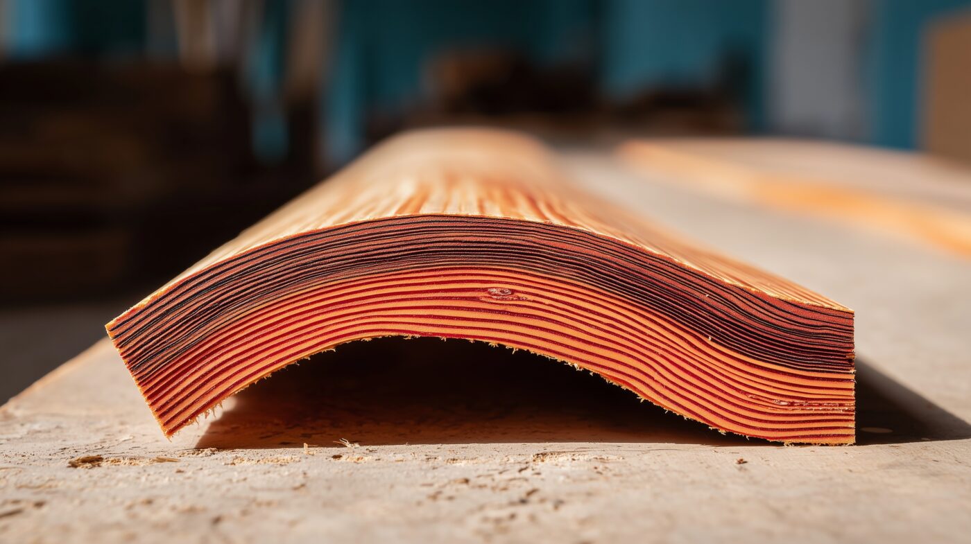 Verbogene Holzlatte mit typischem Druckholz aus Nadelbaum.