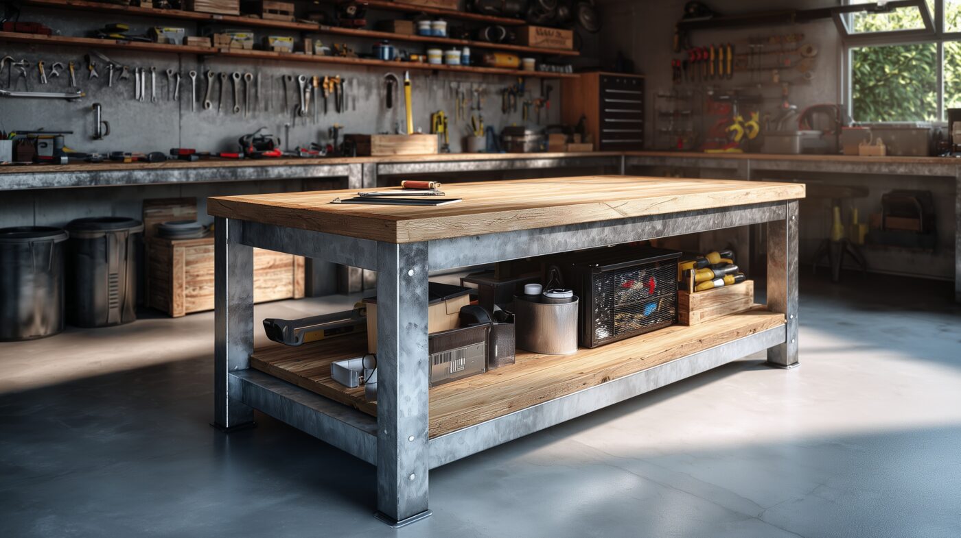 DIY-Werkbank mit Gestell aus verzinktem Rechteckrohr.