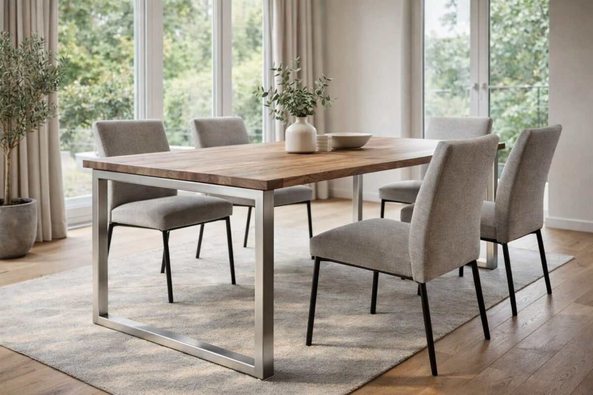 in Esstisch mit Gestell aus Edelstahl Rechteckrohren steht in einem Essbereich.