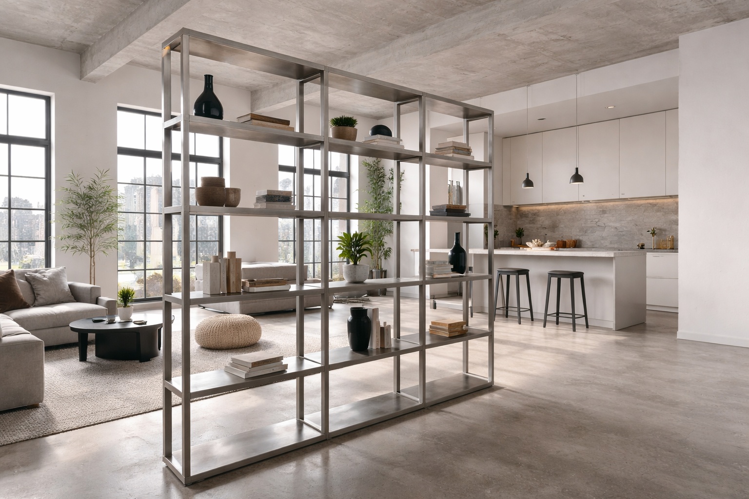 Ein Raumteiler aus Edelstahl Rechteckrohren strukturiert einen offenen Wohnbereich.
