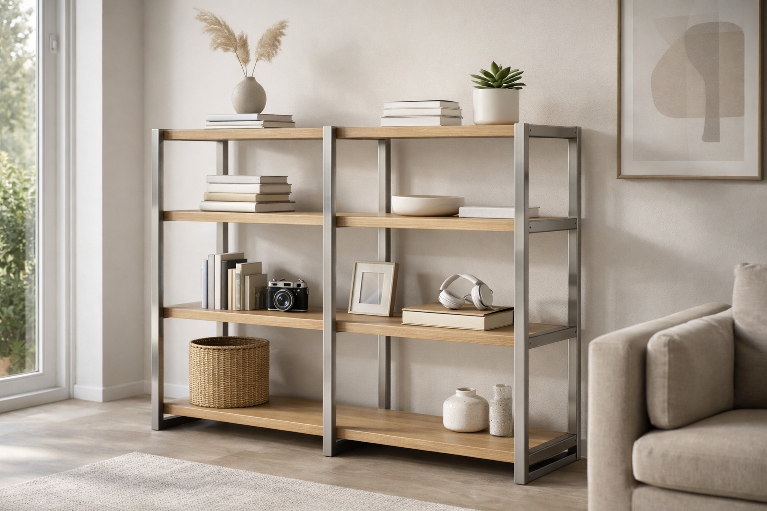 Ein Regal aus Edelstahl Rechteckrohren trägt Holzablagen im Wohnraum.