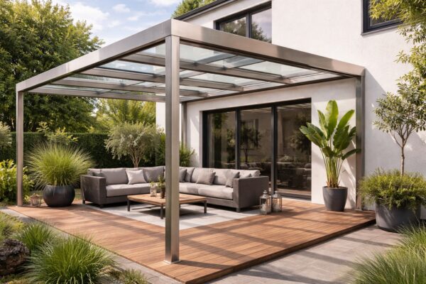 Eine Terrassenüberdachung besteht aus Edelstahl-Rechteckrohren und trägt ein klares Glasdach im Außenbereich.