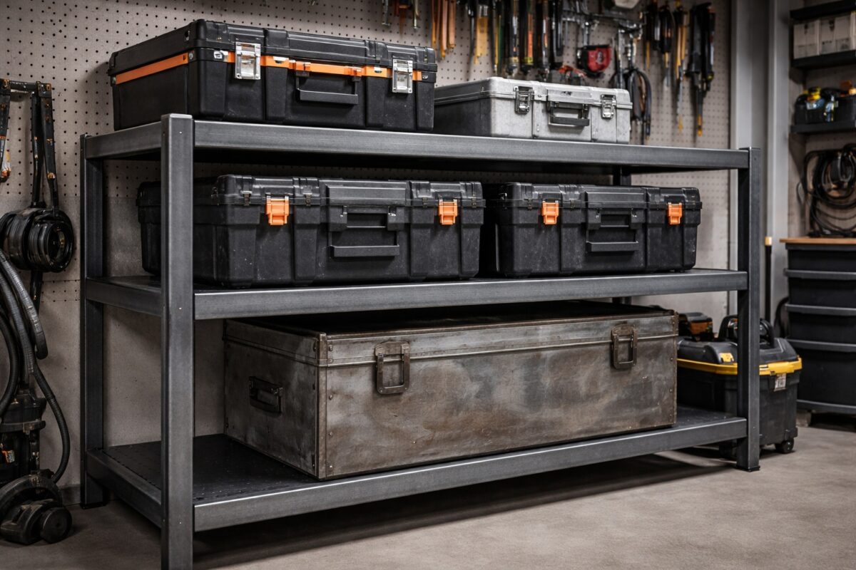 Ein Regal aus verzinkten Rechteckrohren trägt schwere Kisten in der Werkstatt.