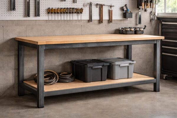 Eine Werkbank aus verzinkten Rechteckrohren bildet die stabile Basis einer Garage.