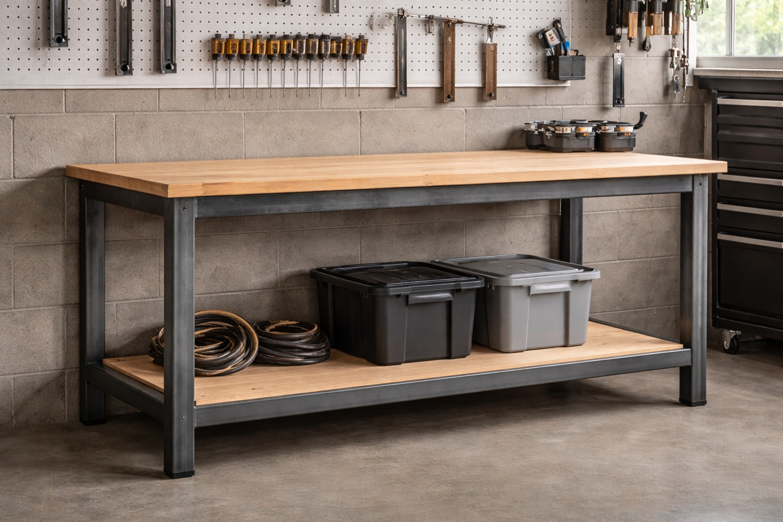 Eine Werkbank aus verzinkten Rechteckrohren bildet die stabile Basis einer Garage.