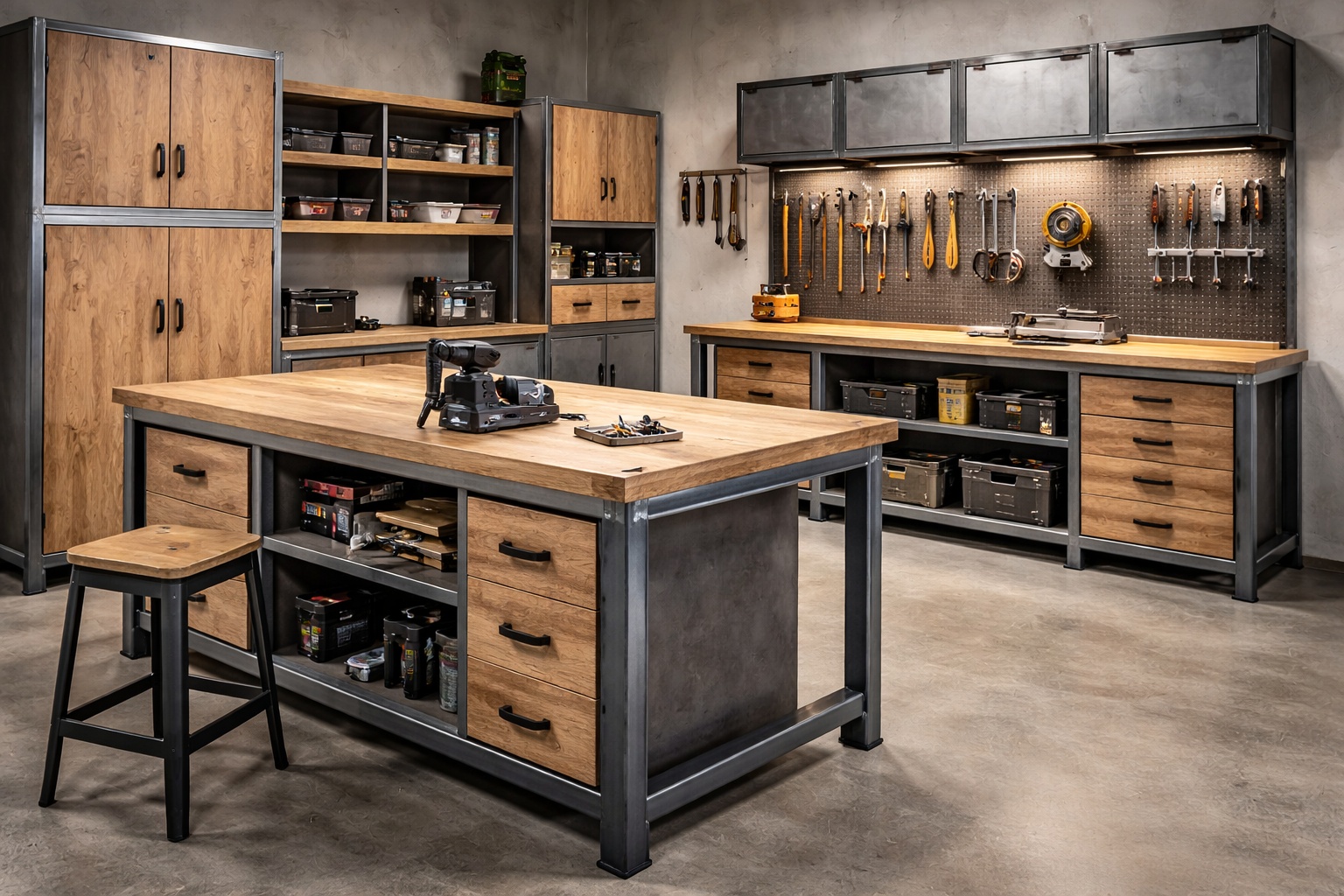 Verzinkte Rechteckrohre und Holz bilden eine funktionale Kombination in der Werkstatt.