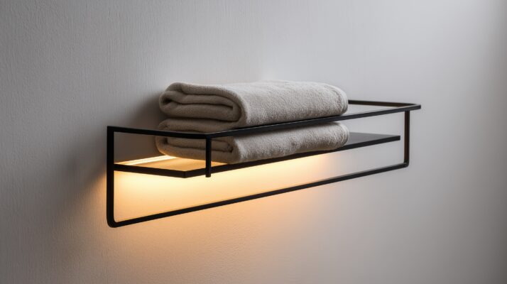 Handtuchablage aus Rechteckrohr mit LED-Beleuchtung.