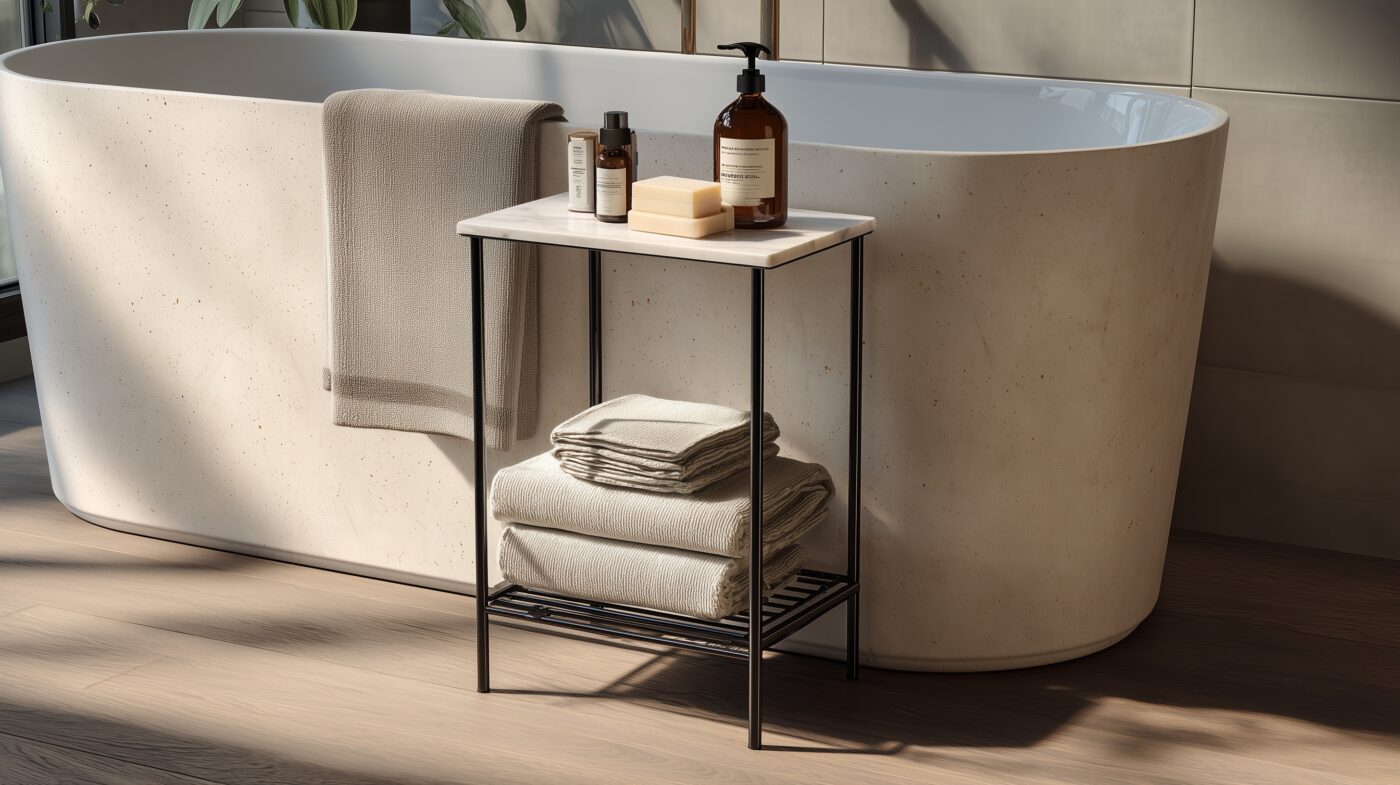 Rechteckrohr-Ablagetisch im Bad mit Handtüchern.