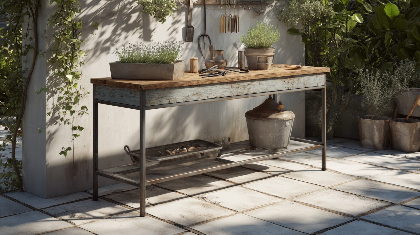 Pflanztisch mit verzinktem Rechteckrohr-Gestell auf Terrasse.