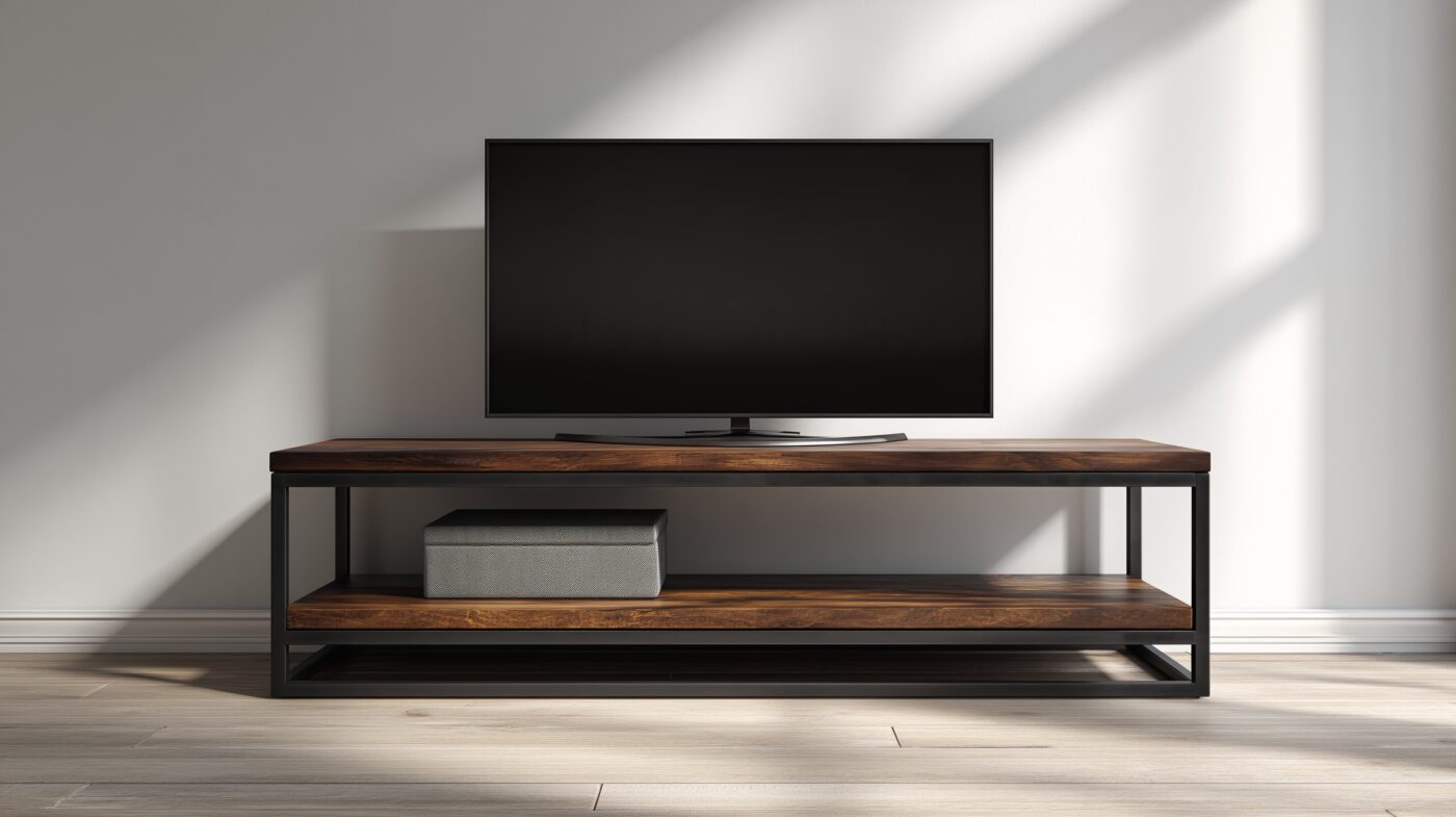 TV-Sideboard mit Rechteckrohrrahmen und Holzplatte.