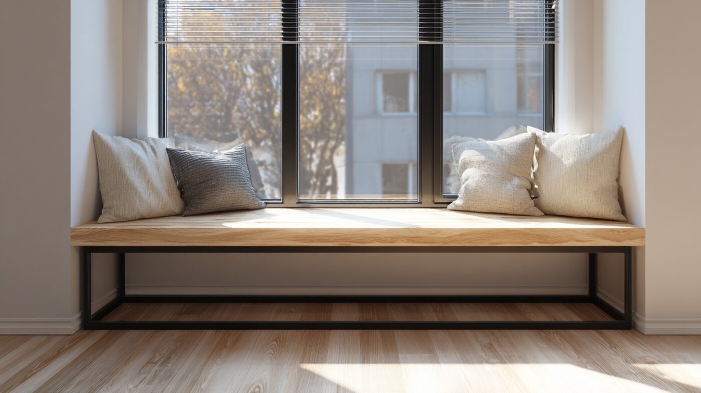 Sitzbank mit Rechteckrohrgestell unter Fenster mit Kissen.