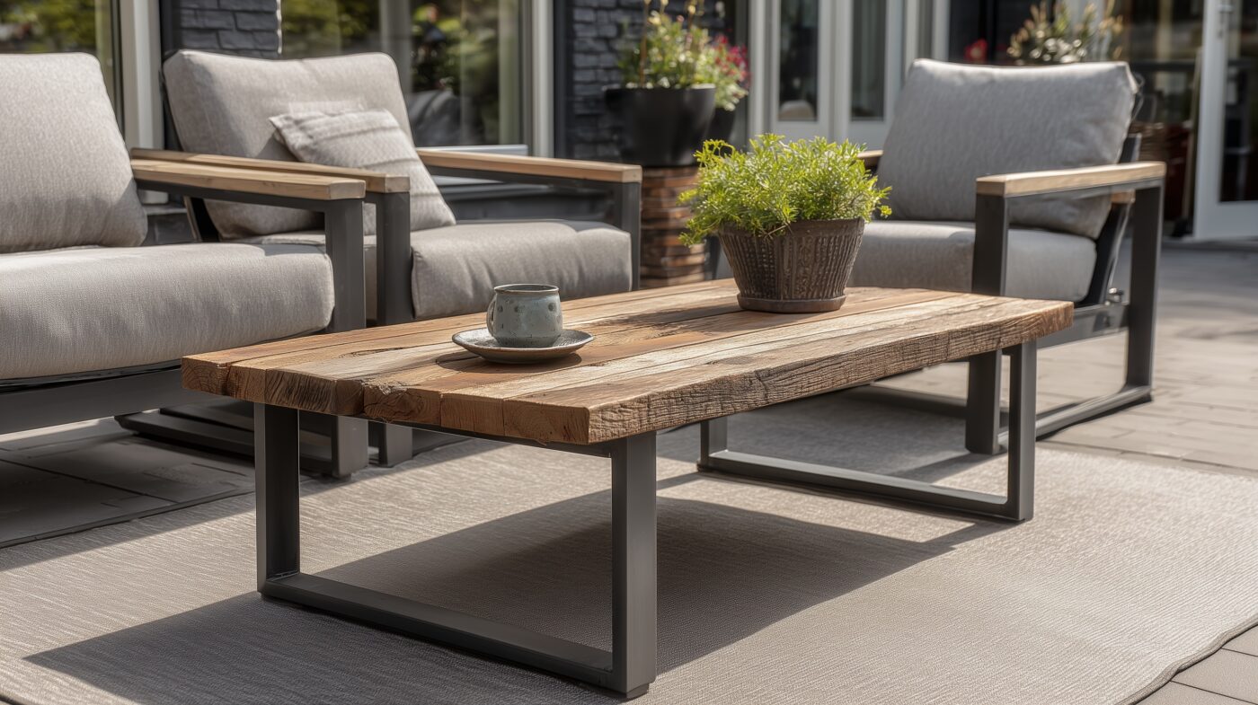 Terrassentisch aus Rechteckrohr auf Terrasse vor einer Sitzfläche.