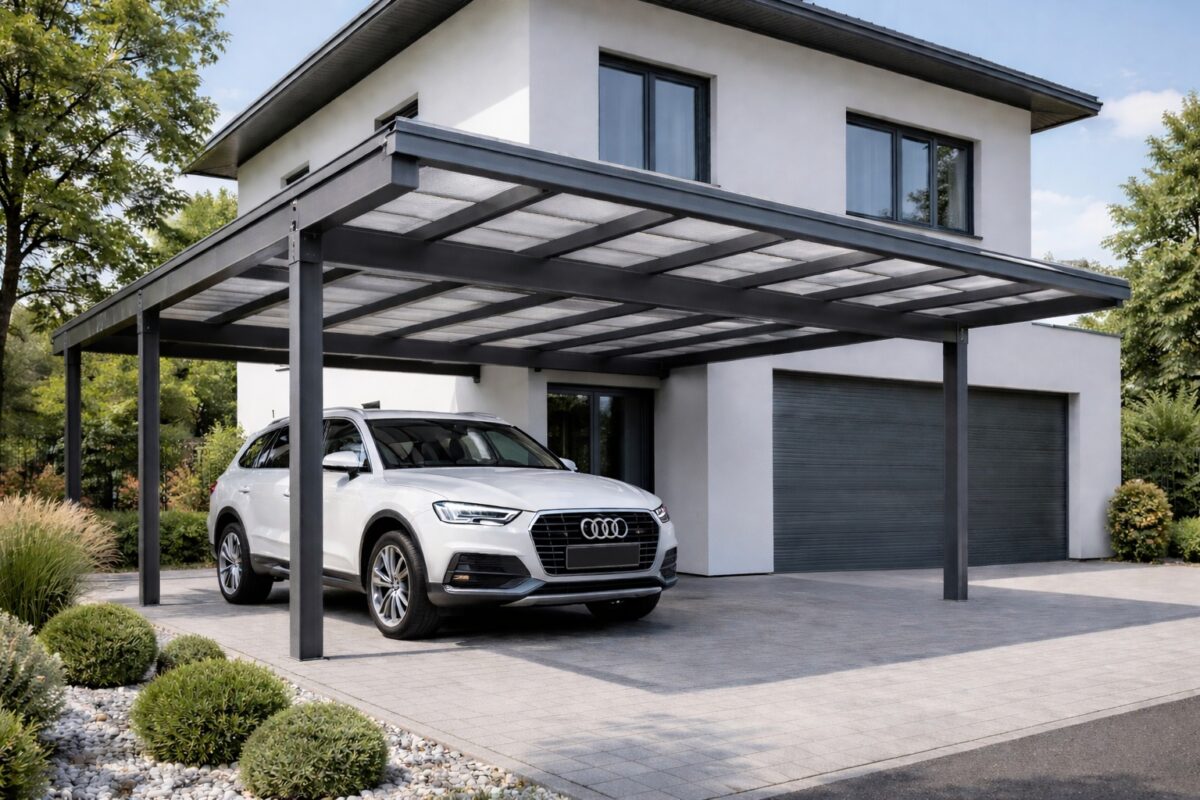 Verzinkte Rechteckrohre tragen die Konstruktion eines Carports im Außenbereich.