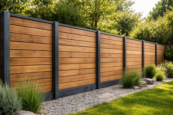 Ein Sichtschutz aus verzinkten Rechteckrohren und Holz strukturiert den Gartenbereich.