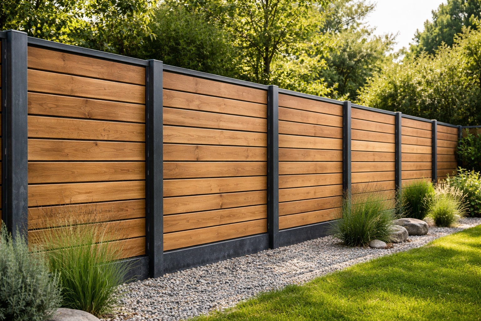 Ein Sichtschutz aus verzinkten Rechteckrohren und Holz strukturiert den Gartenbereich.