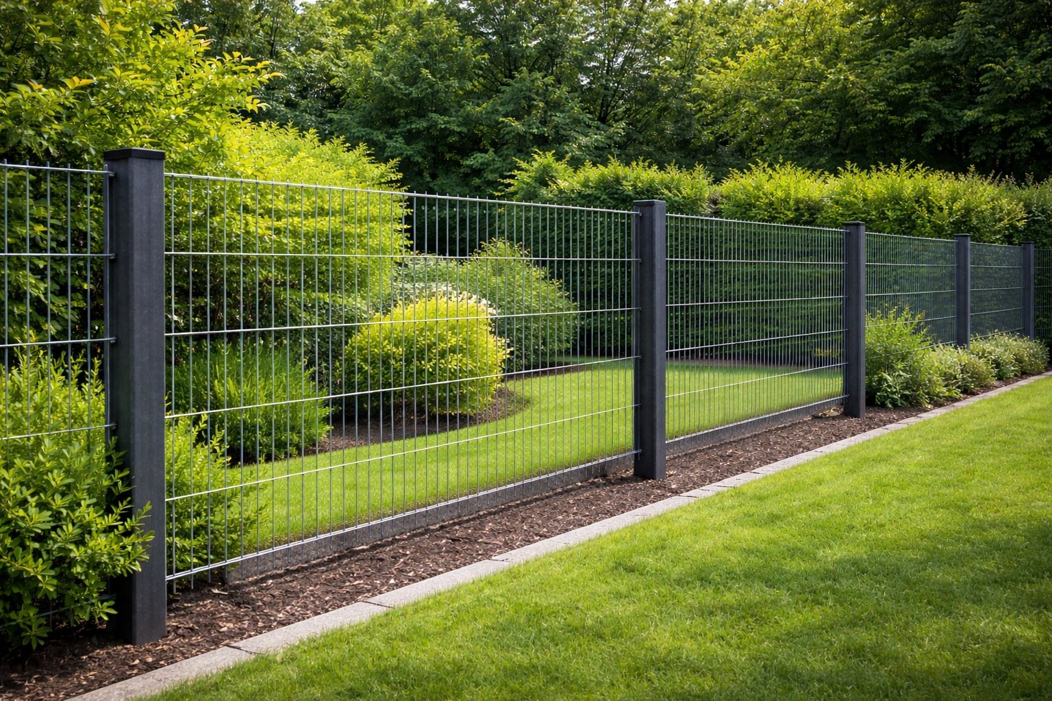 Verzinkte Rechteckrohre bilden stabile Pfosten für einen modernen Gartenzaun.