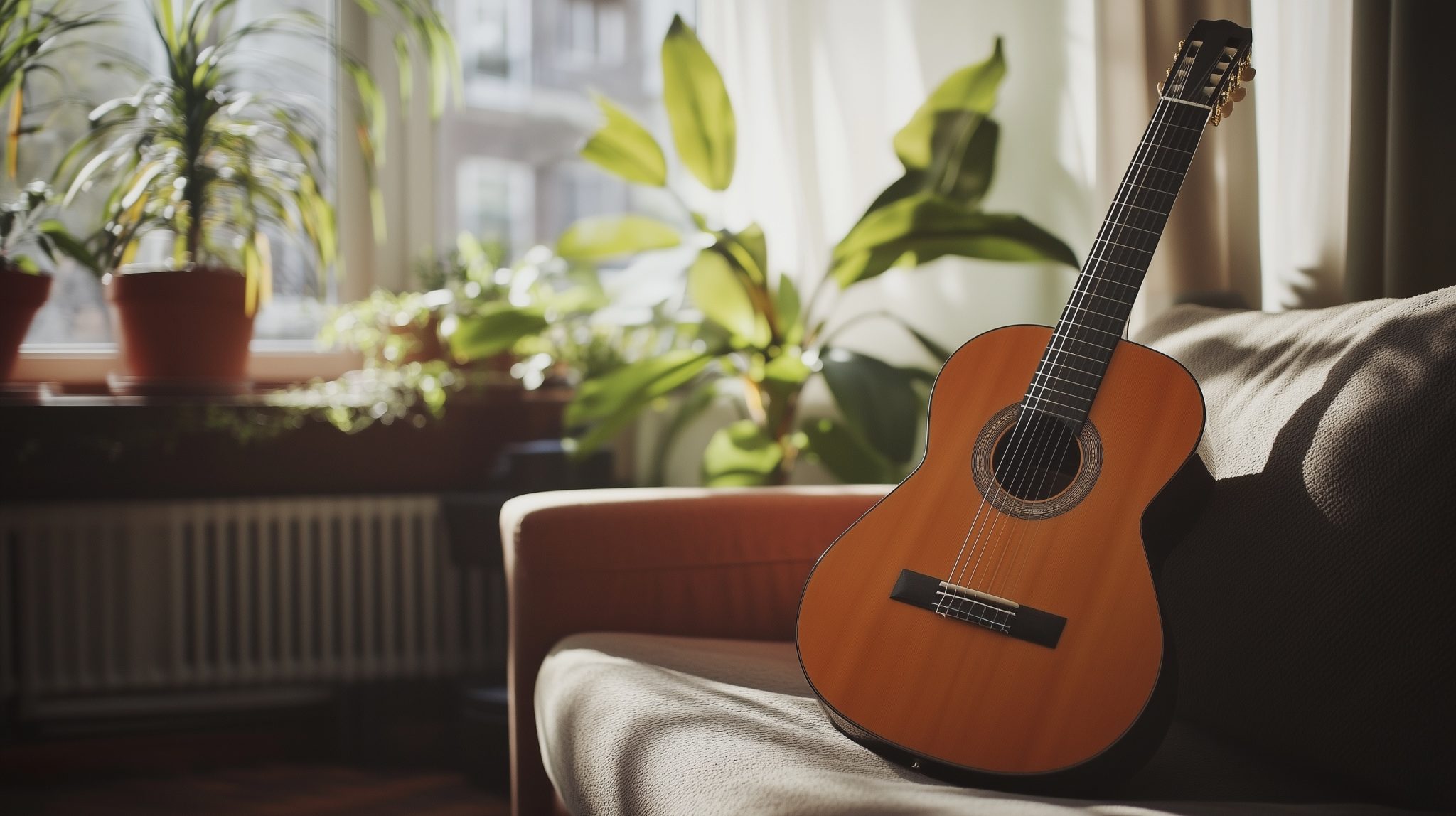 Akustikgitarre aus Resonanzholz auf einem Sofa