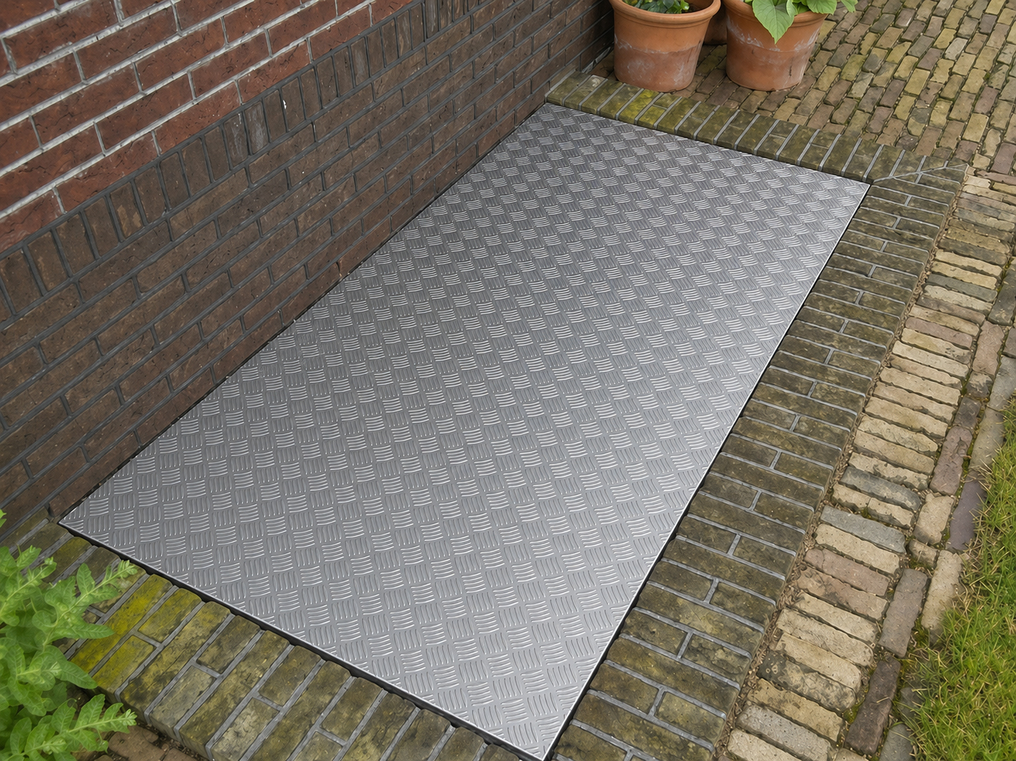 Eine rechteckige Aluminium-Riffelblechplatte liegt passgenau in einem gepflasterten Hofbereich neben einer Backsteinwand.