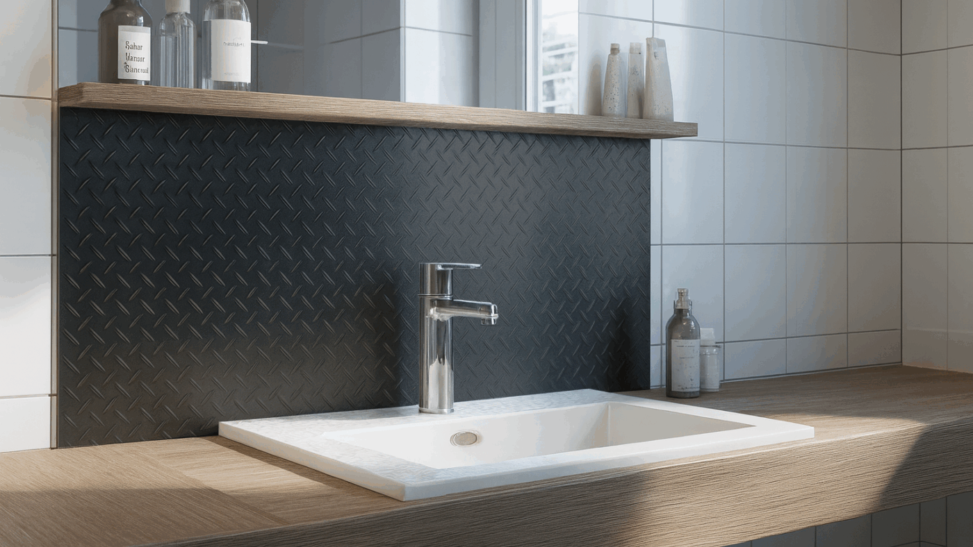 Stahl-Riffelblech wird als robuste und moderne Rückwand im Badezimmer eingesetzt.