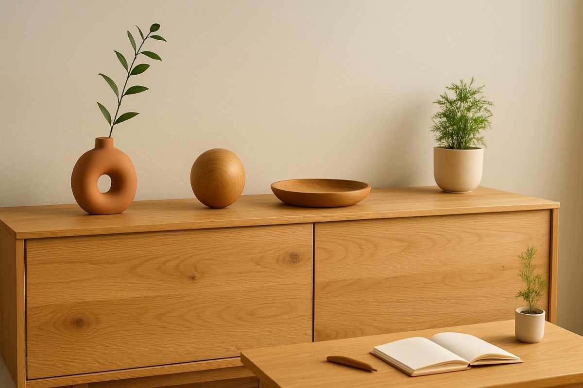 Runde Holzaccessoires auf Sideboard