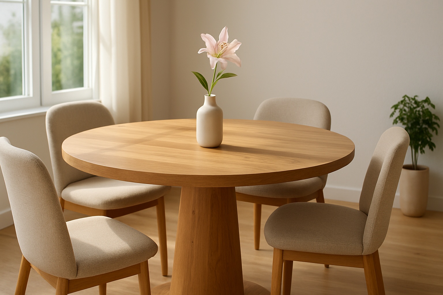 Runder Holztisch mit Blume und vier Stühlen.