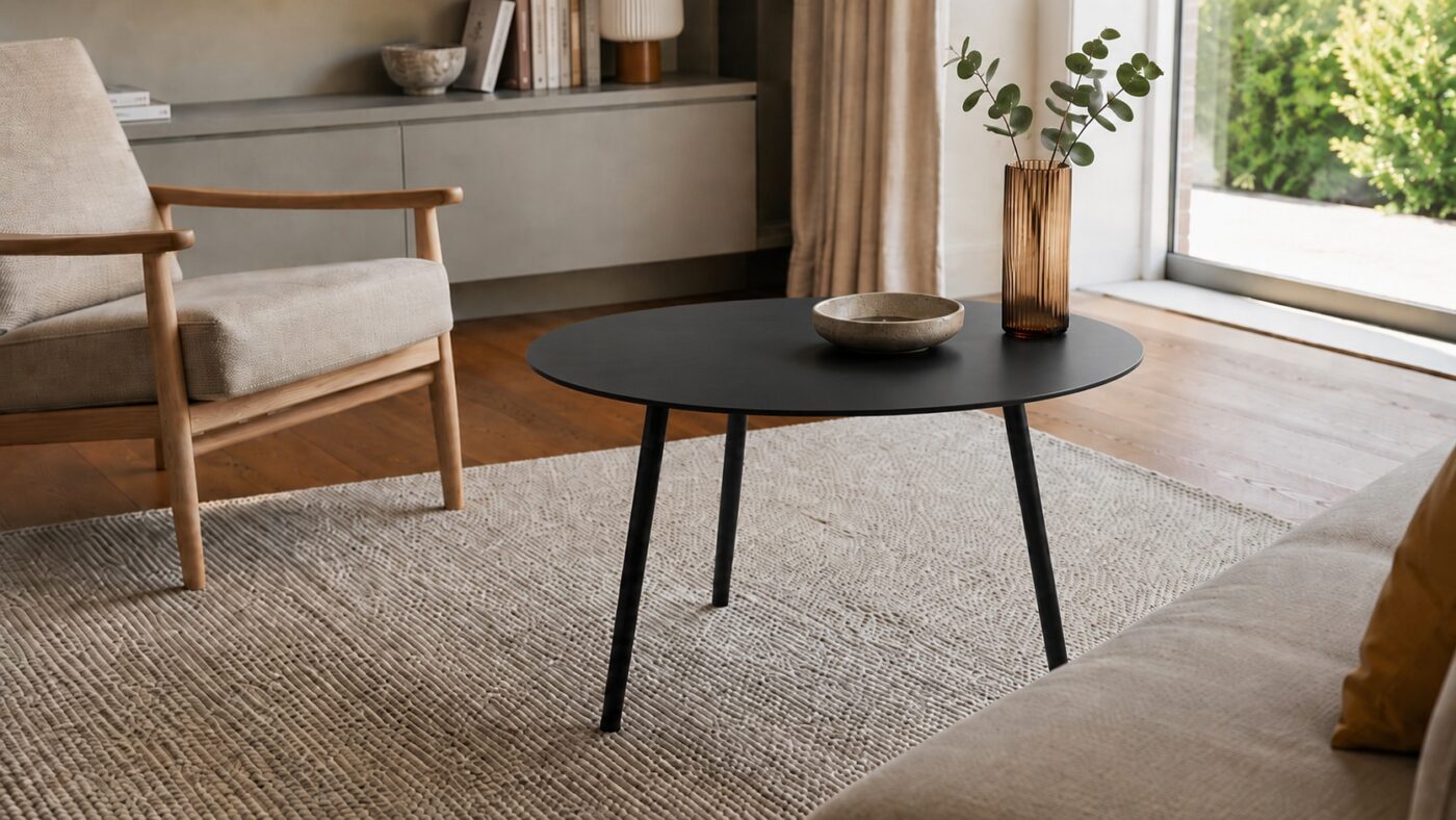 Ein runder Schwarzstahl-Couchtisch ergänzt das helle Wohnzimmer mit einem Teppich und Sessel.