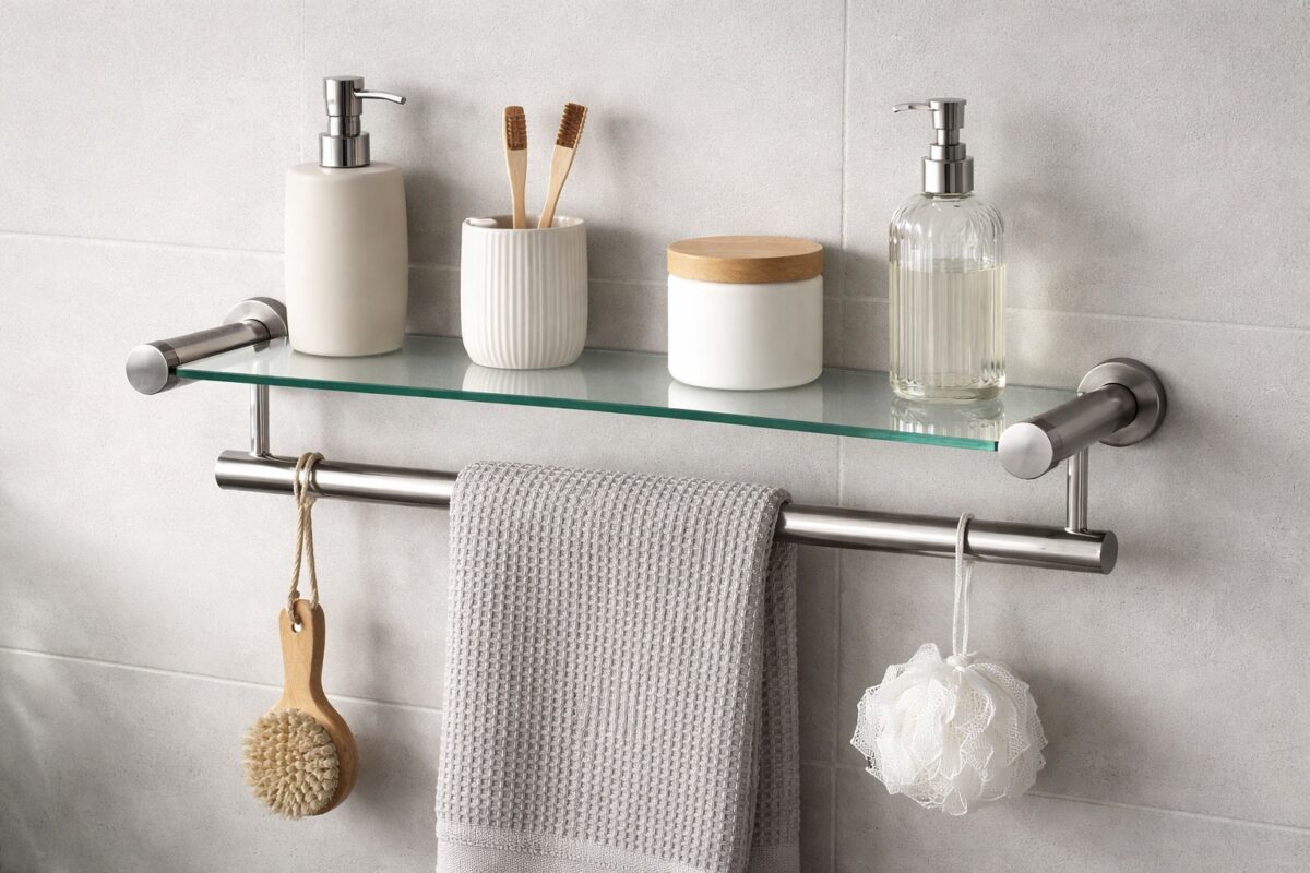 Ein offenes Badregal aus Edelstahl-Rundrohr sorgt für hygienische Ordnung im Badezimmer.