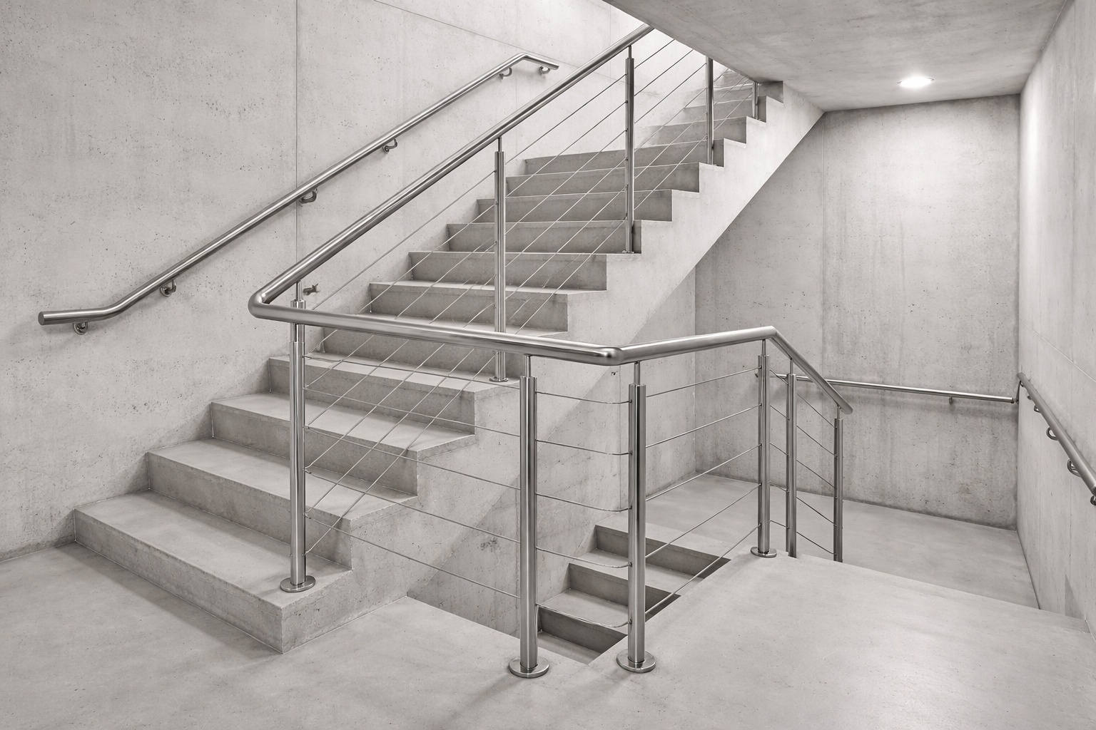Ein reduziertes Edelstahl-Rundrohrgeländer ergänzt einen Treppenraum mit Betonfläche.