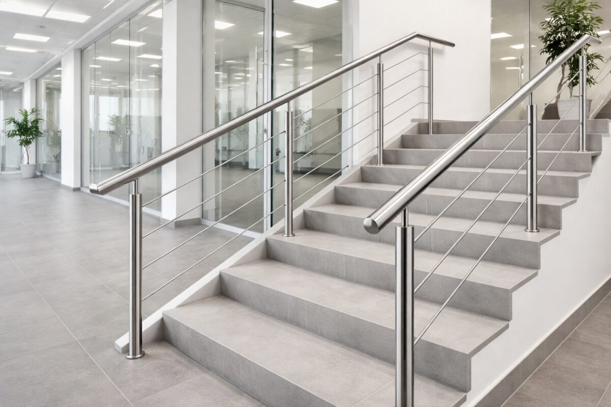 Ein zurückhaltendes Geländer aus Edelstahl-Rundrohr begleitet eine Treppe im Bürogebäude.