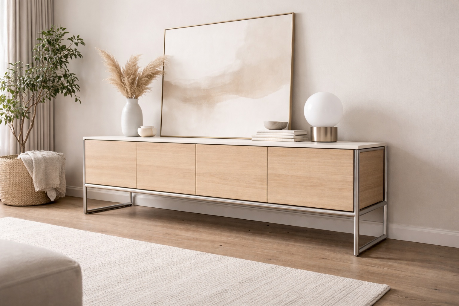 Ein Sideboard ruht auf einem Gestell aus Edelstahl-Rundrohr in ruhiger, klarer Geometrie.