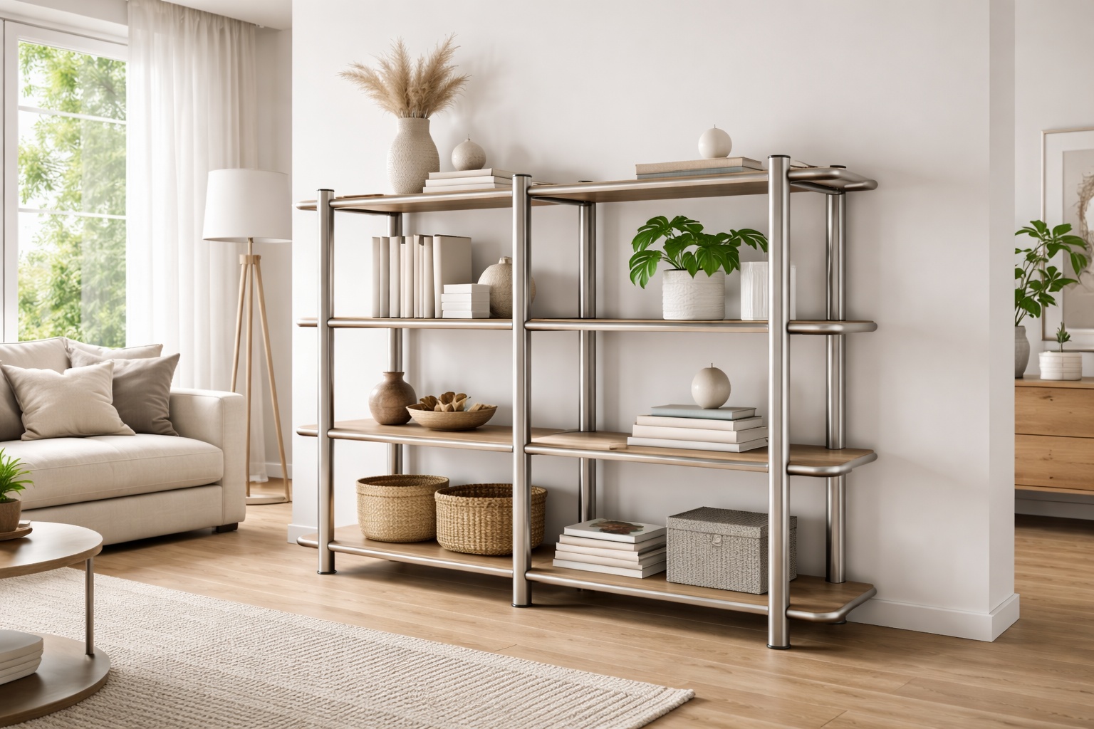 Ein offenes Regal aus Edelstahl-Rundrohr strukturiert einen modernen Wohnraum mit ruhiger Klarheit.