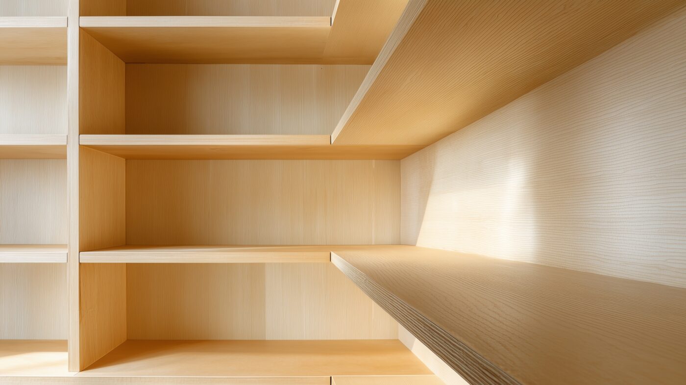 Rückwand aus hellem Schälfurnier in Holzregal eingebaut.