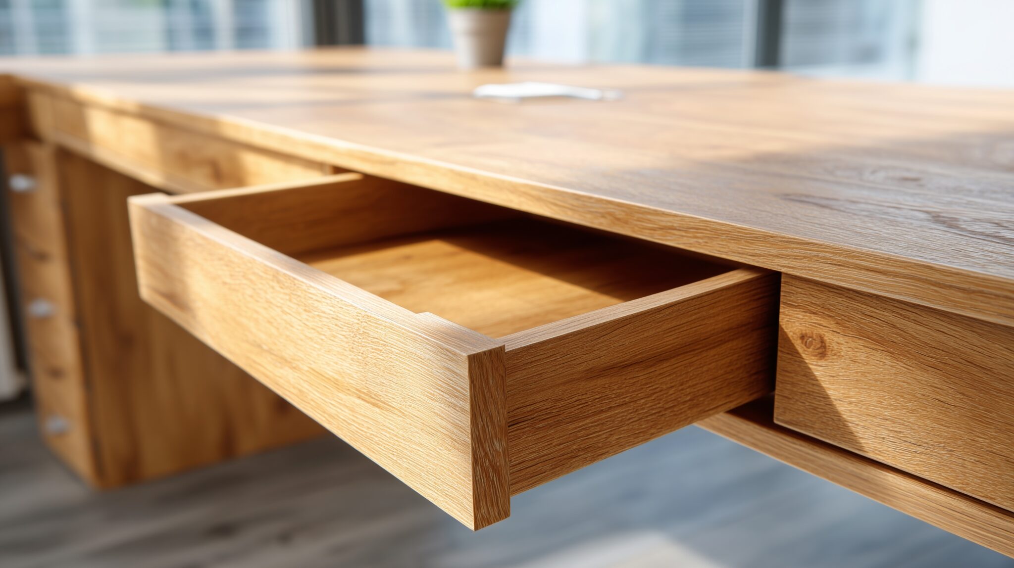 Schubladenelement aus Schälfurnier an modernem Schreibtisch.