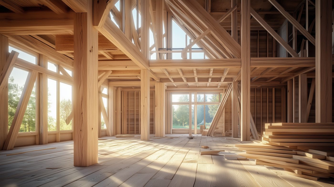 Schnittholz wird für die tragende Struktur eines Holzhauses verwendet