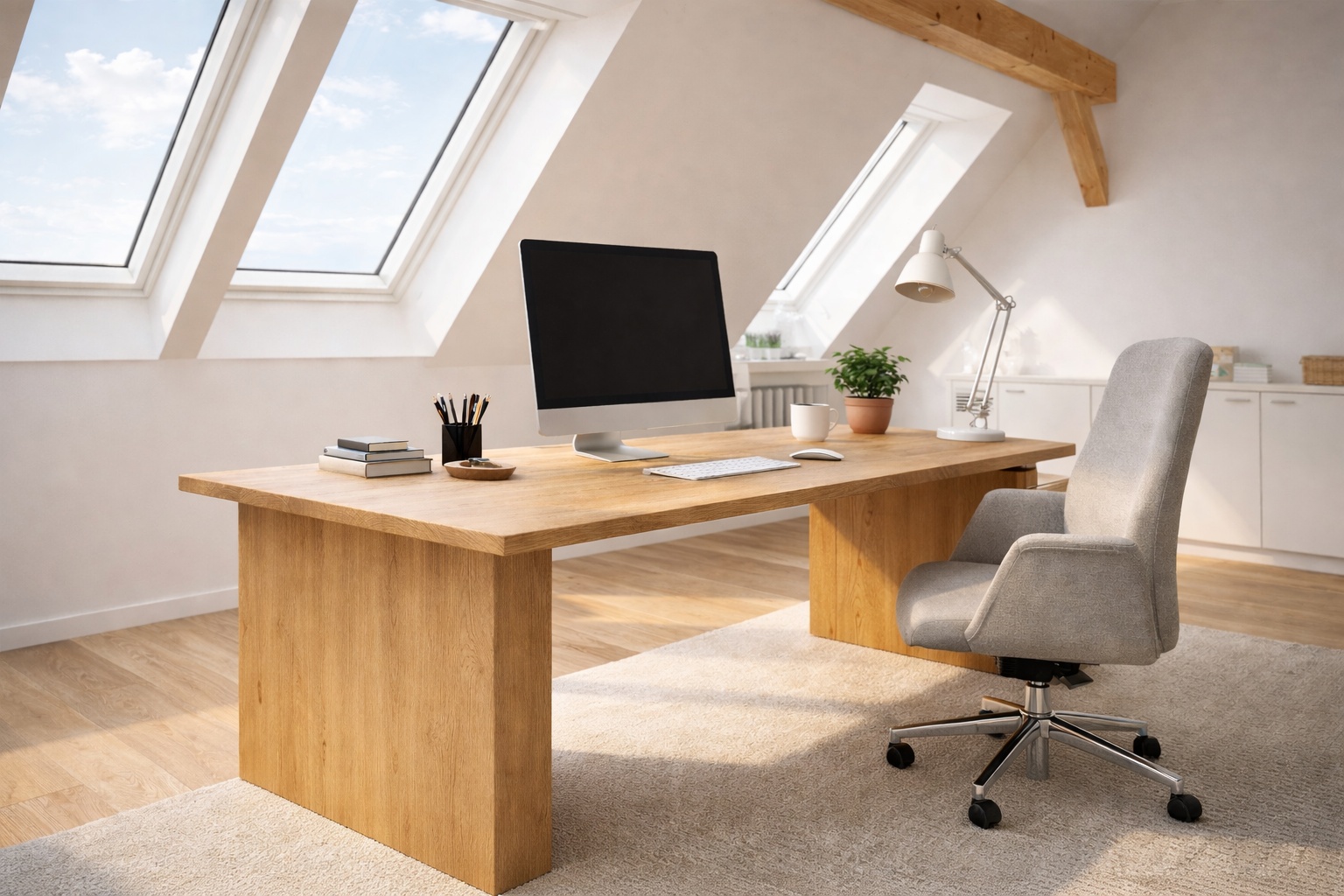 Dachgeschoss-Homeoffice mit massivem Eichenholz-Schreibtisch.