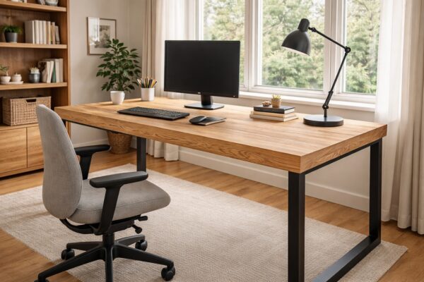 Homeoffice mit massivem Eichenschreibtisch und ruhiger Holzmaserung.