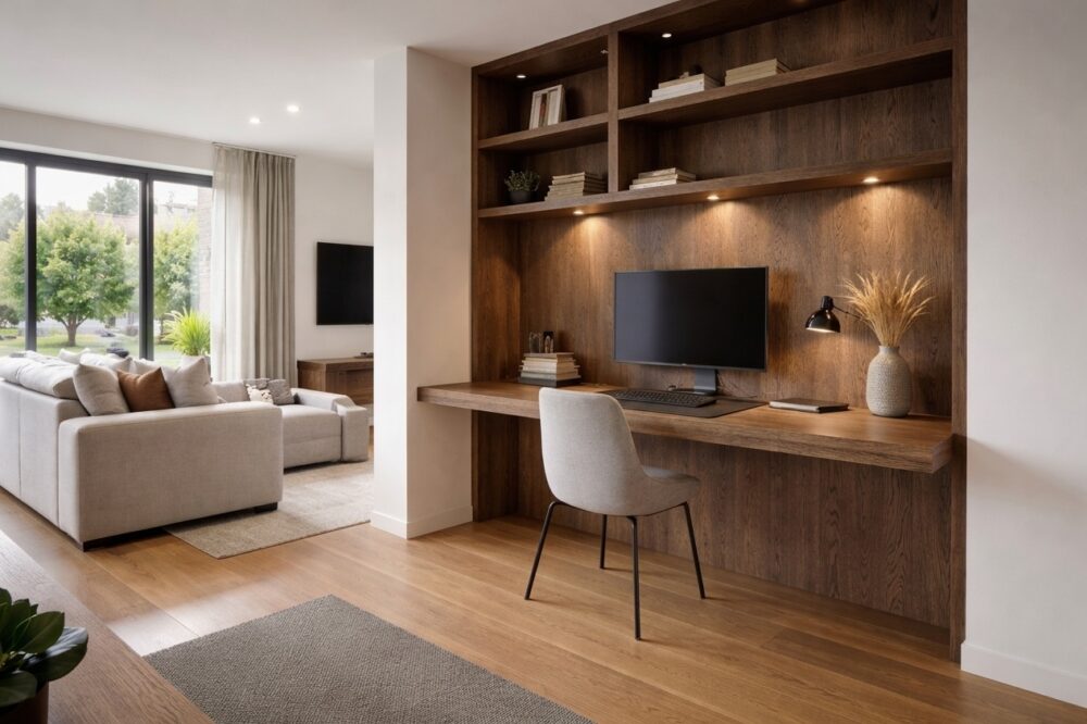 Ein heller Wohnraum umfasst einen eingebauten Eichenschreibtisch mit Monitor, Regalen und einem Stuhl neben einem Sofa.