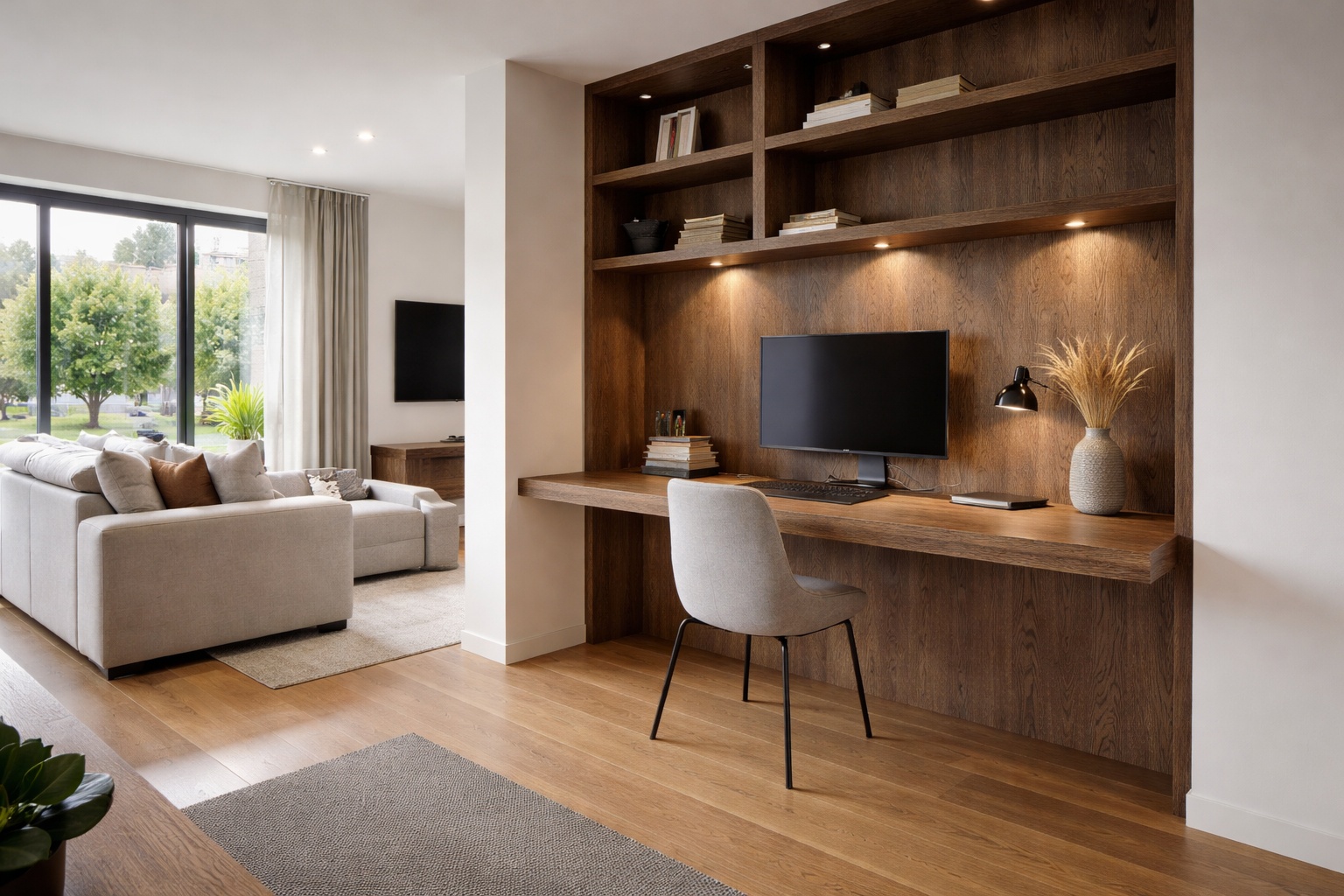 Dunkler Eichenholz-Schreibtisch integriert in offenen Wohnraum.