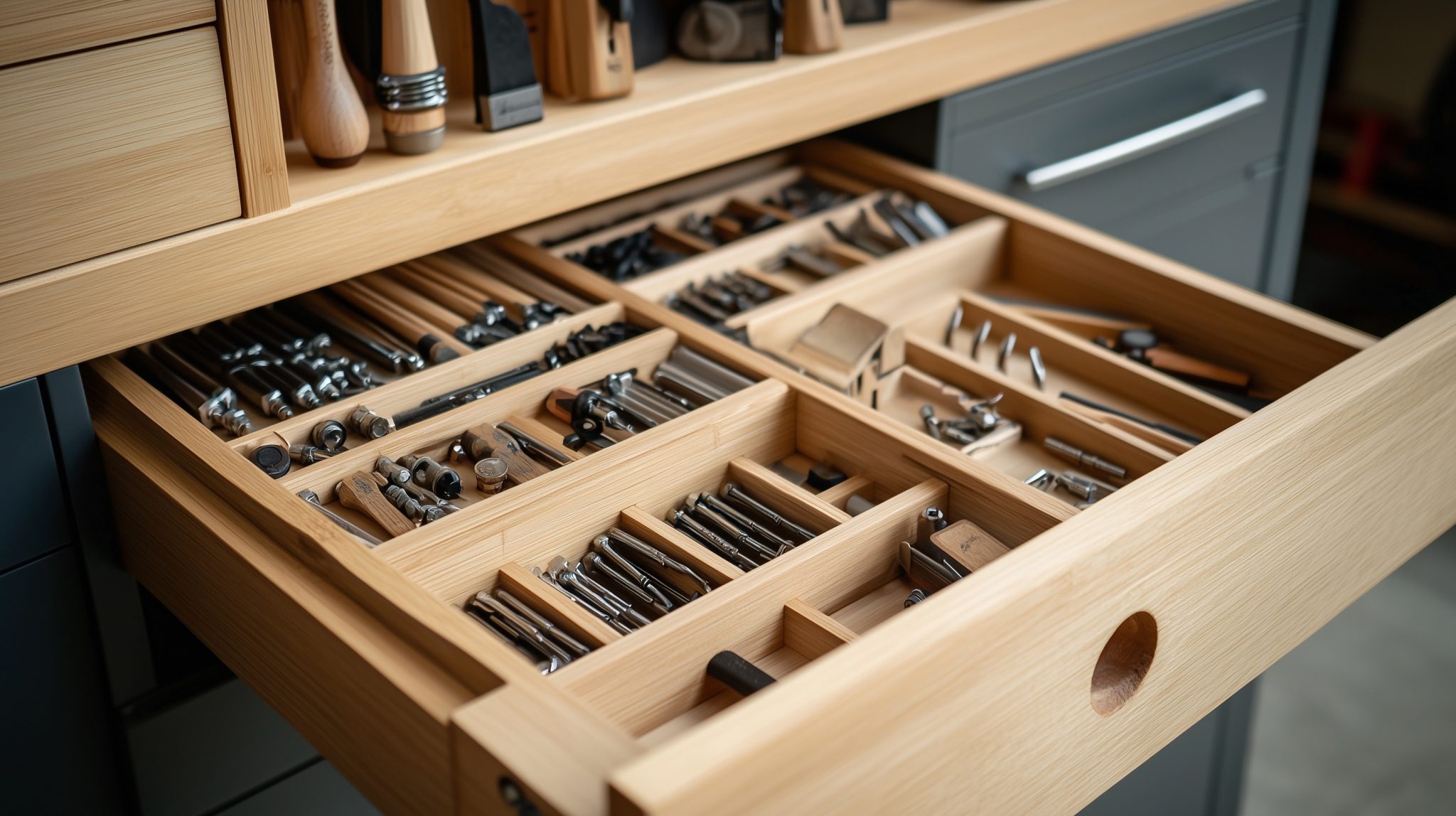 Ein Multiplex-Schubladenschrank mit maßgeschneiderten Einsätzen für Kleinteile