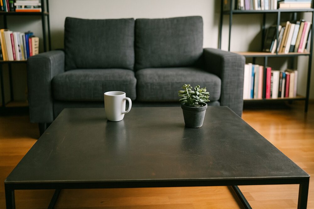 Wohnzimmertisch aus enzundertem Schwarzstahl mit Tasse und Pflanze vor grauem Sofa.