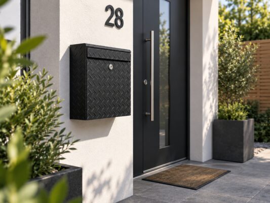 Schwarzes Schwarzriffel Aluminium gestaltet einen modernen Briefkasten neben Haustür und bepflanztem Hauseingang.